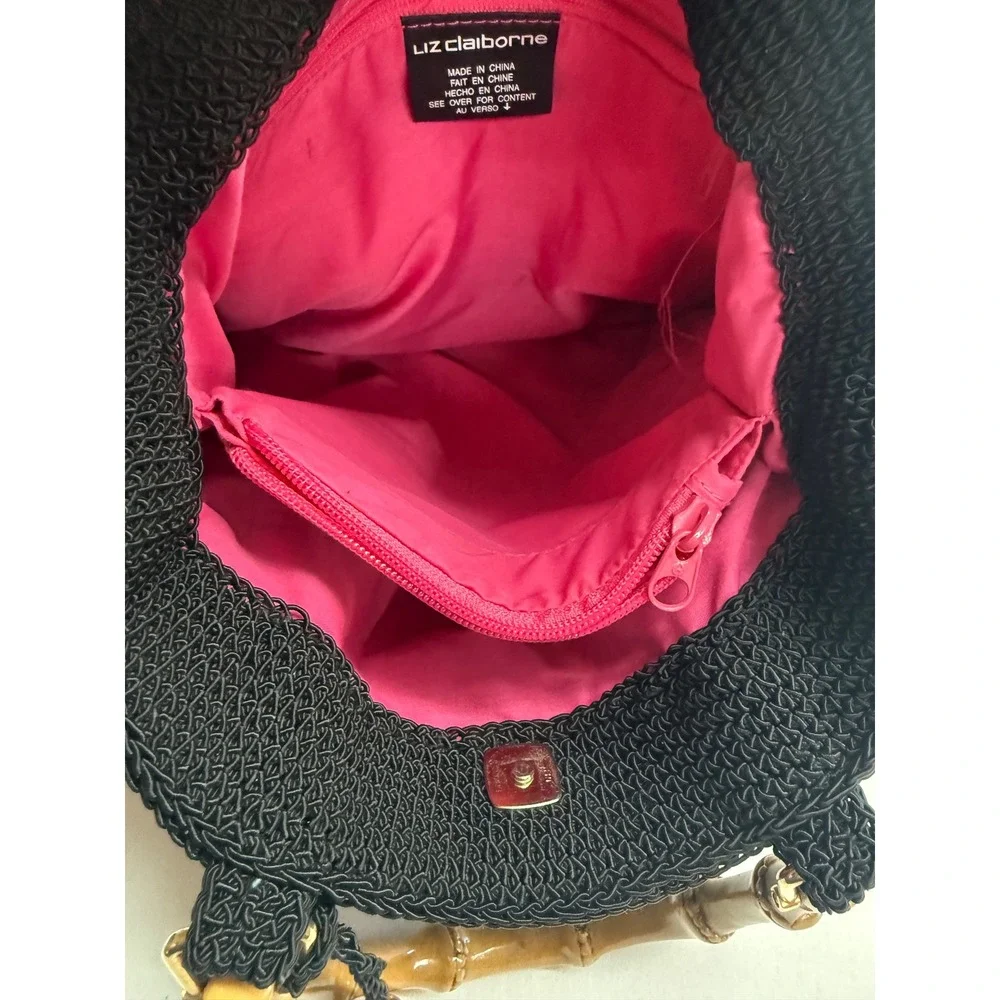 Liz Claiborne Black Woven Bamboo Handle Satchel Tote Handbag Pink Lining